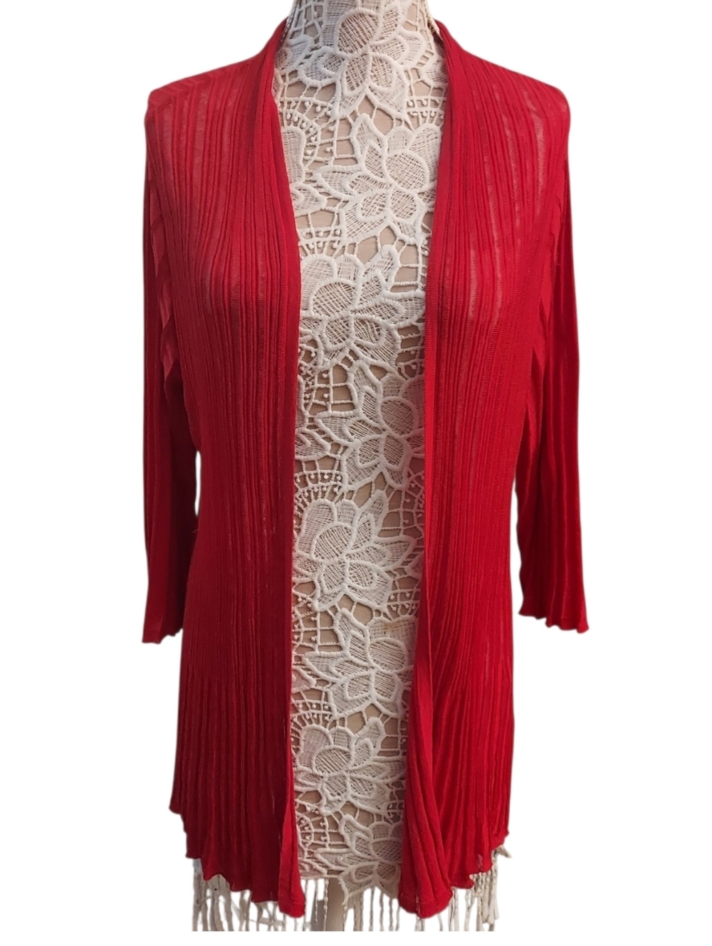Chico’s Red Open Front Cardigan Size 2 Lightweight Ribbed Knit